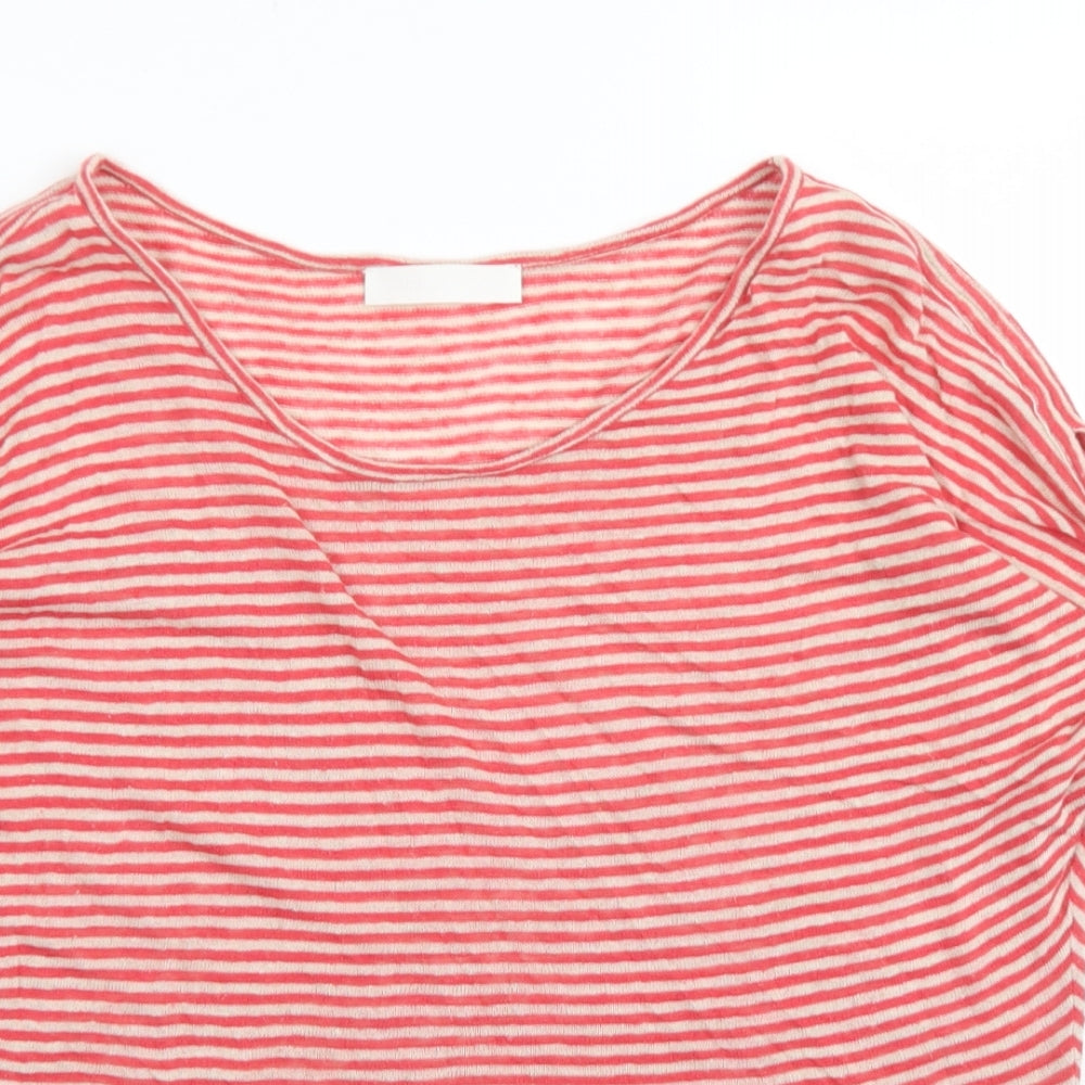 NICOLE FARHI Womens Red Striped Linen Basic T-Shirt Size XL Round Neck