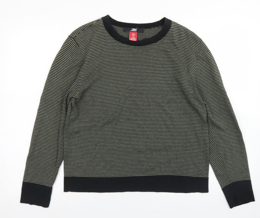 Front view of Lost women’s green crew neck striped cotton jumper, size XL