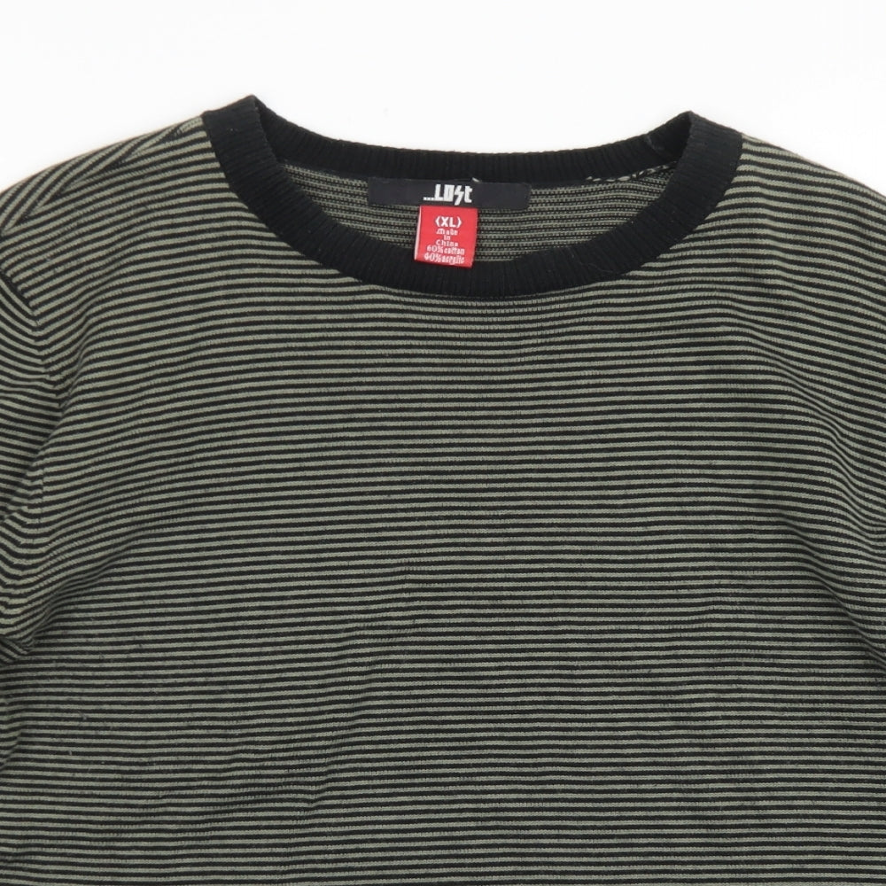Lost Womens Green Crew Neck Striped Cotton Pullover Jumper Size XL