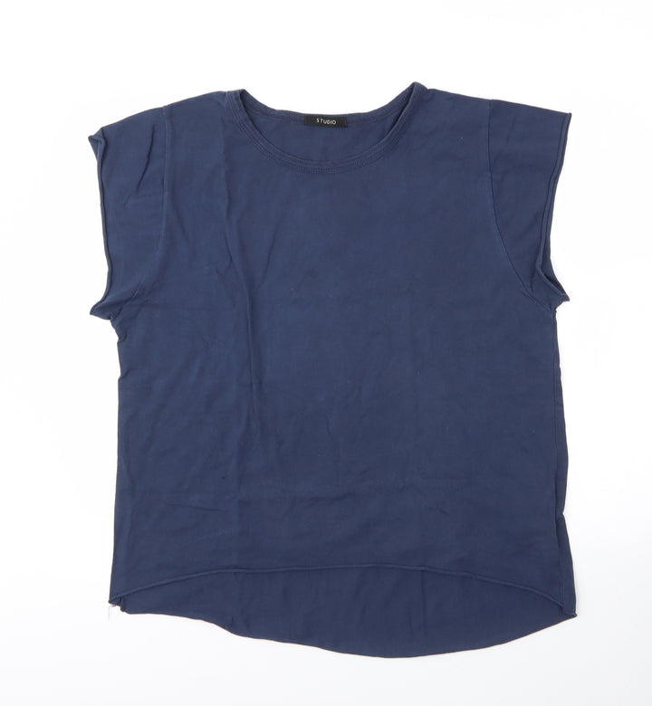 Studio Womens Blue  Cotton Basic Blouse Size M Round Neck