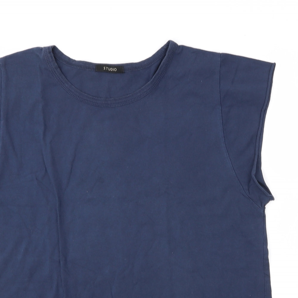 Studio Womens Blue  Cotton Basic Blouse Size M Round Neck