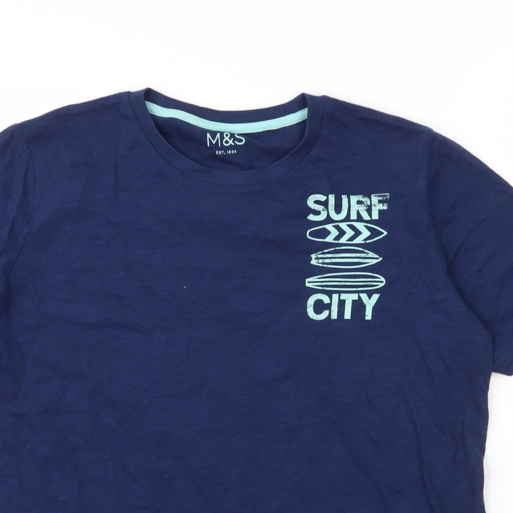 M&S Boys Blue  Cotton Basic T-Shirt Size 15 Years Round Neck