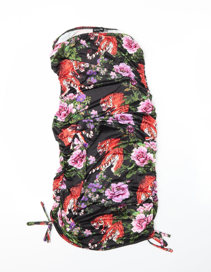 PRETTYLITTLETHING Womens Black Floral Polyester Bodycon Size 12 One Shoulder