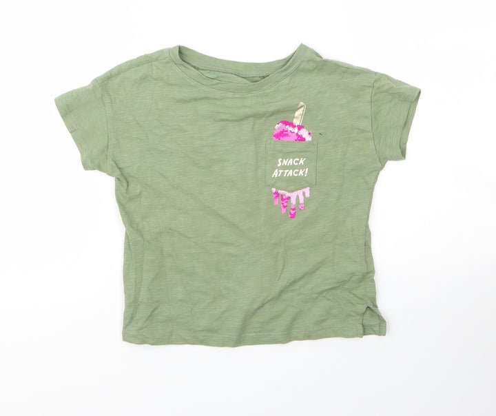 Gap Girls Green Cotton Basic T-Shirt Size 4 Years Round Neck