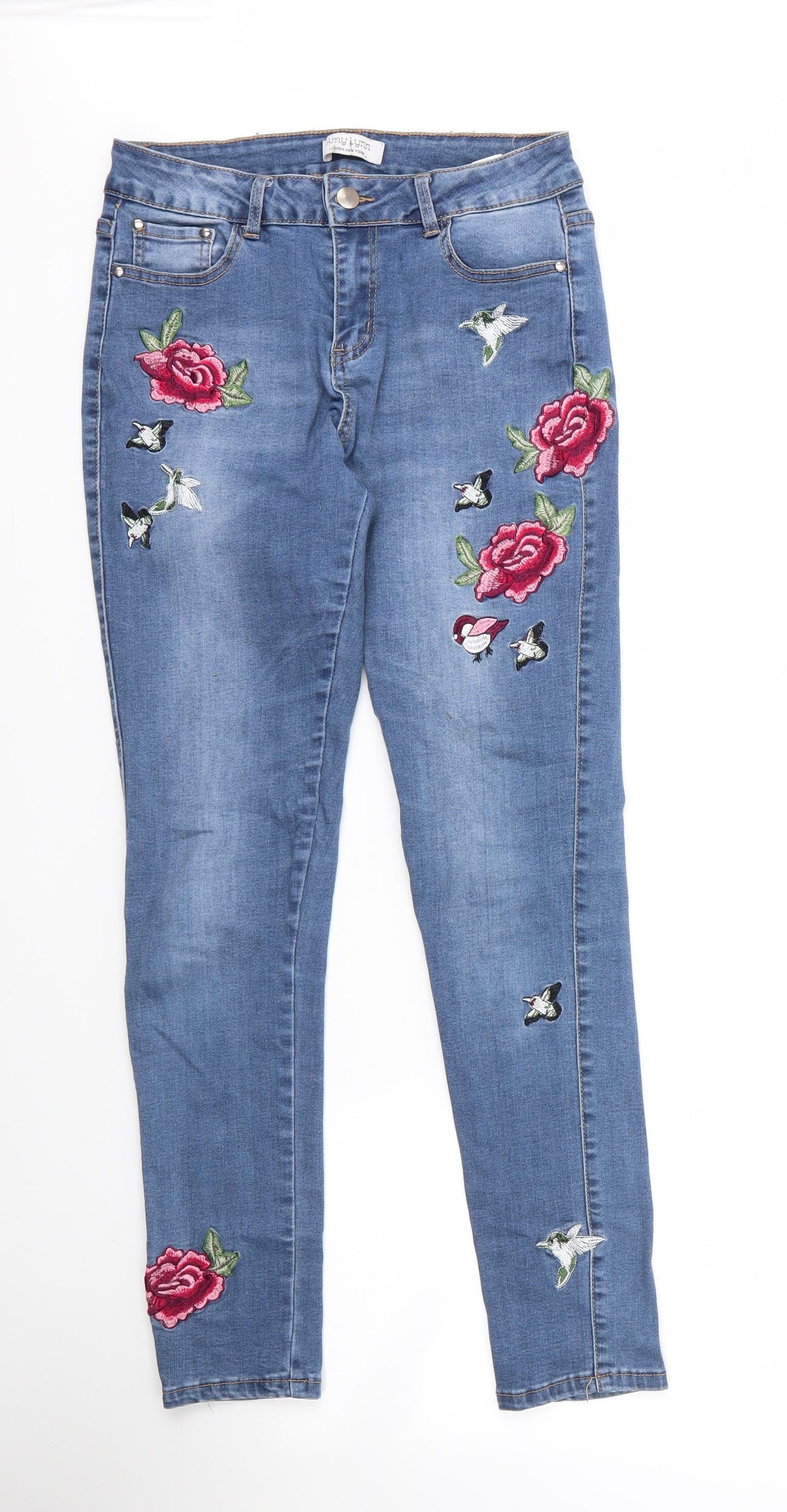 Amy Lynn Womens Blue Floral Cotton Skinny Jeans Size 12 L27 in Regular Zip