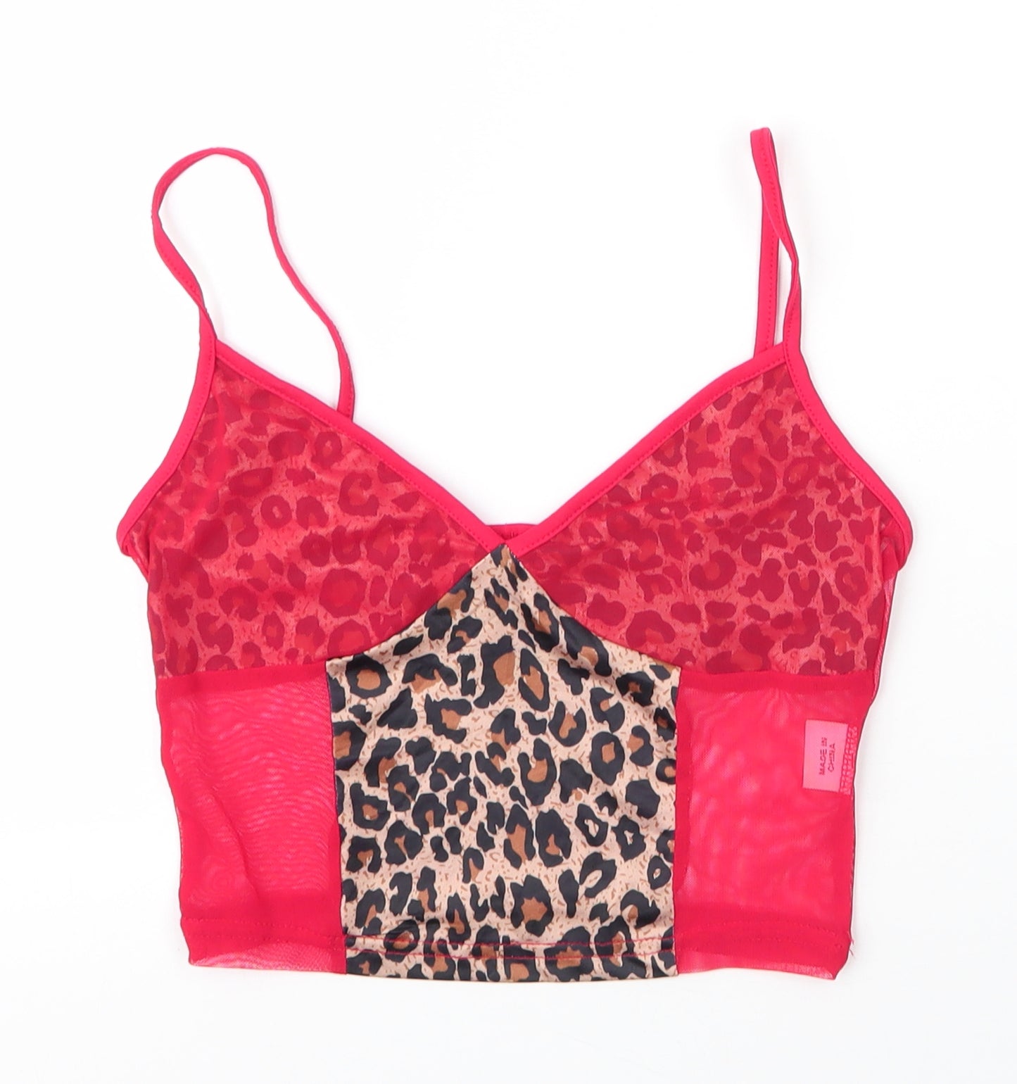 Preworn Womens Red Animal Print Polyester Camisole Blouse Size S V-Neck - Leopard print