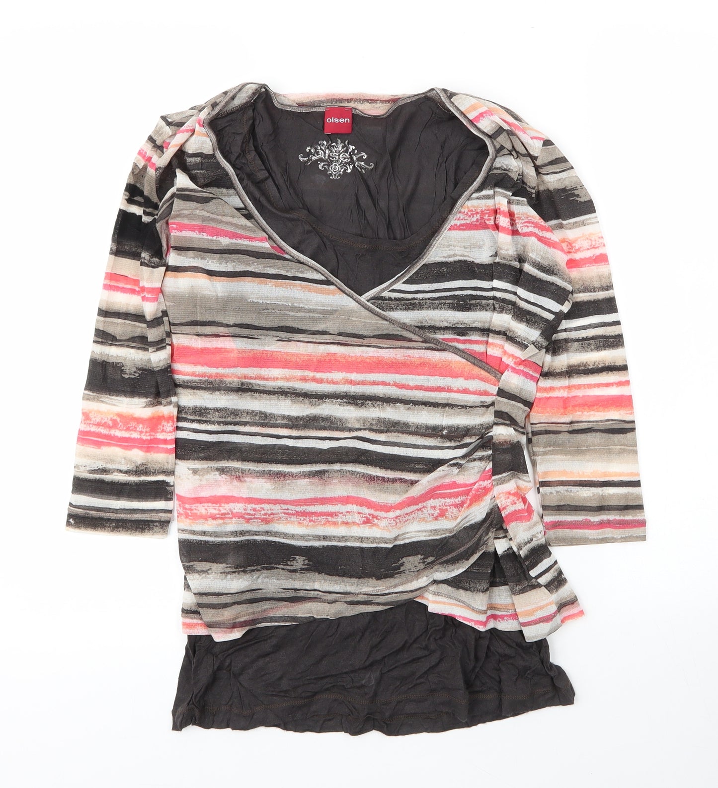 Olsen Womens Brown Striped Viscose Basic Blouse Size 14 V-Neck