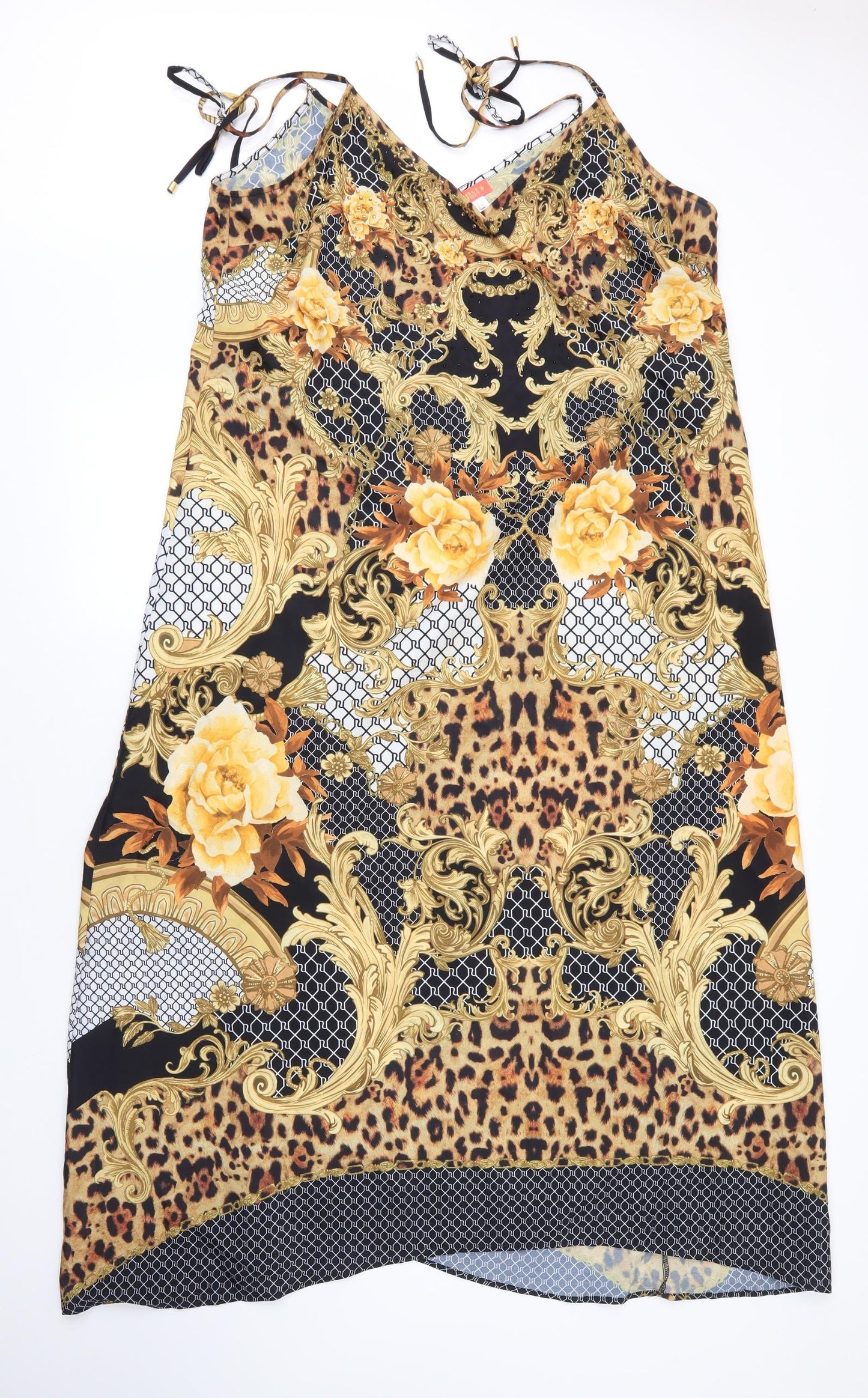 River Island Womens Gold Floral Polyester Shift  Size L  V-Neck