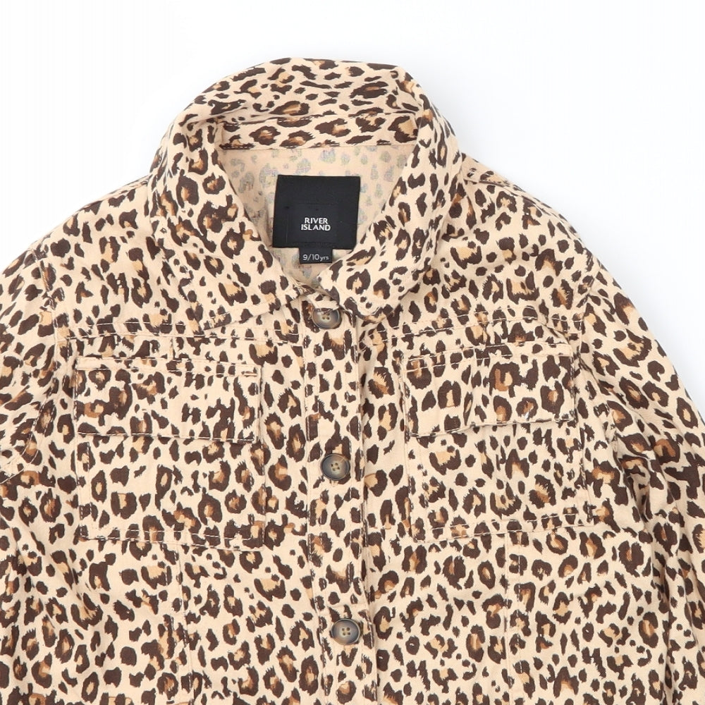 River Island Girls Beige Animal Print Cotton Basic Blouse Size 9 Years Collared Button - Leopard print