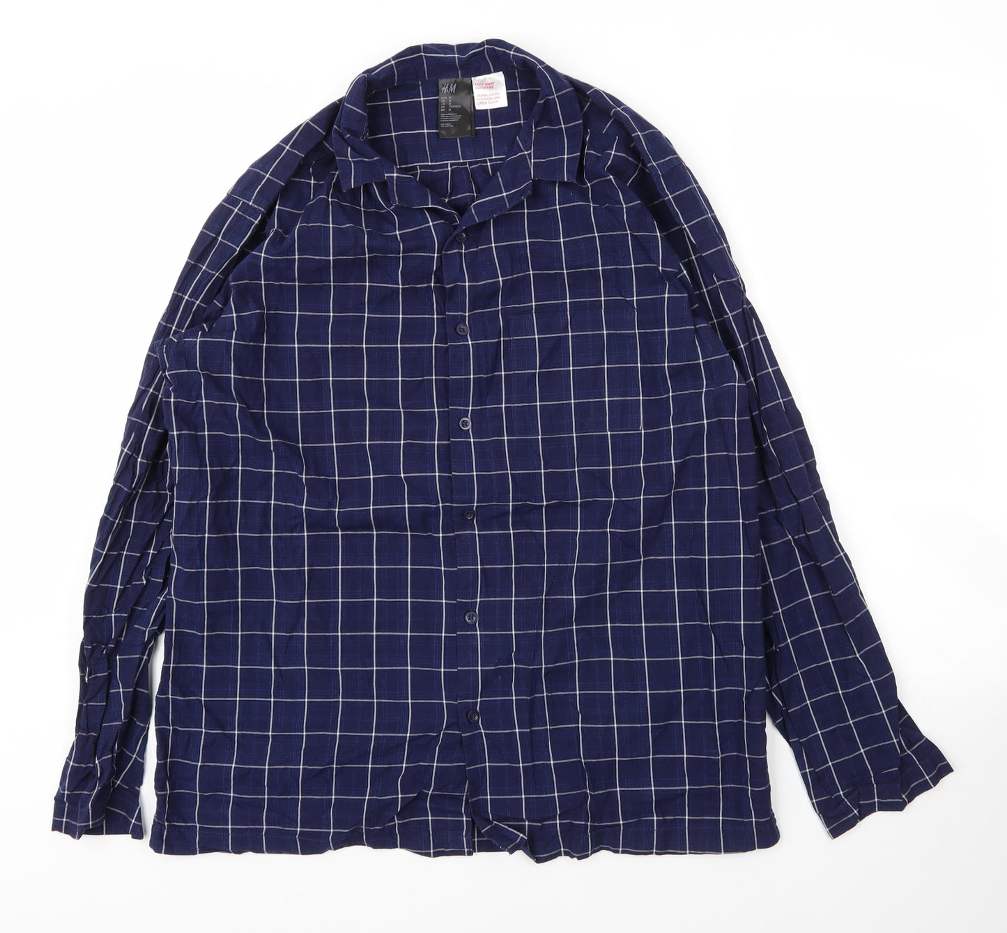 H&M Mens Blue Check Cotton  Button-Up Size M Collared Button