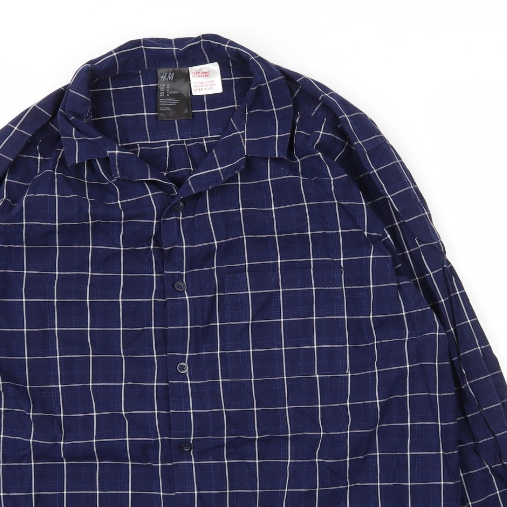 H&M Mens Blue Check Cotton  Button-Up Size M Collared Button