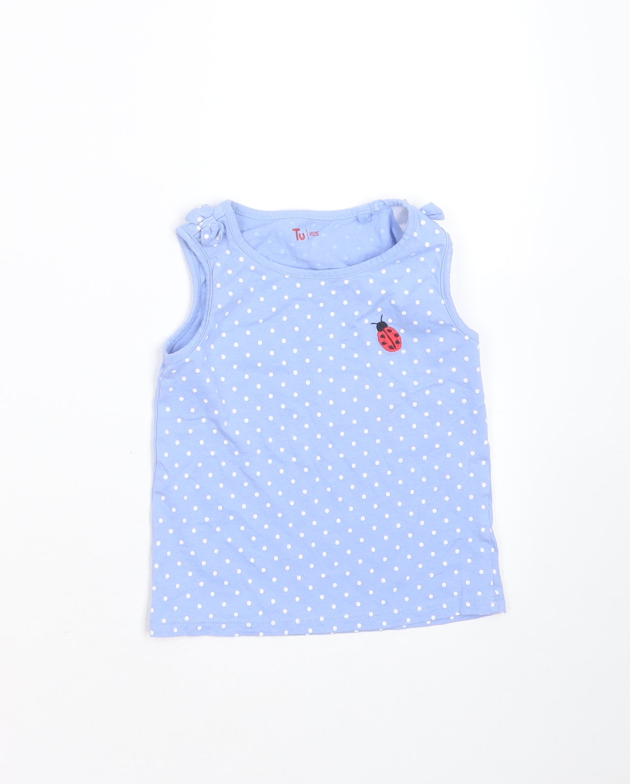 TU Girls Blue Polka Dot Cotton Basic Tank Size 3-4 Years Round Neck