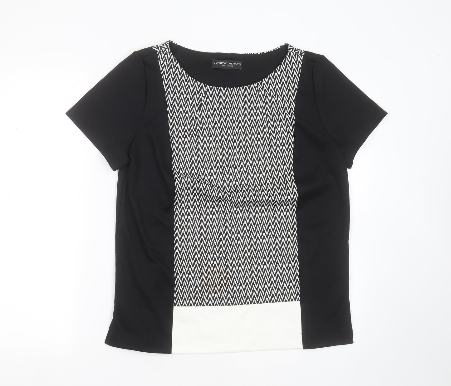 Dorothy Perkins Womens Black Geometric Polyester Basic T-Shirt Size 14 Round Neck