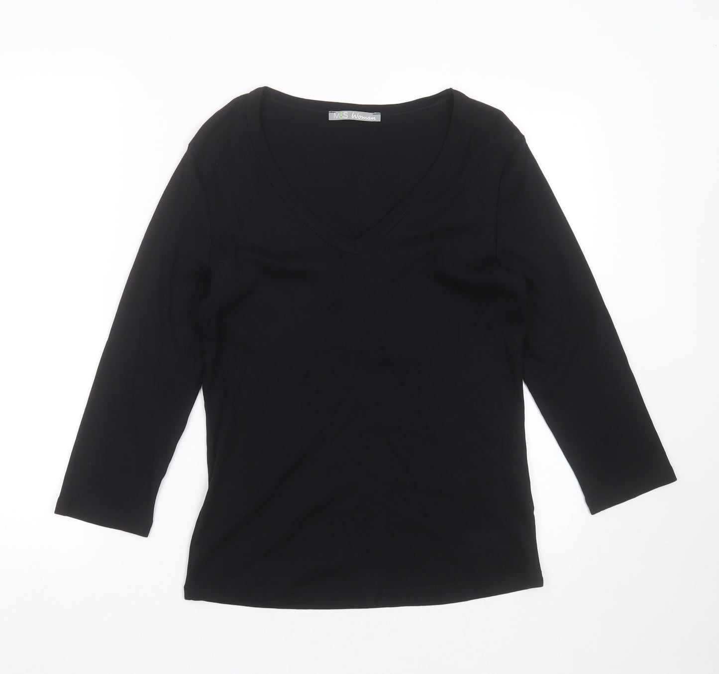Marks and Spencer Womens Black  Cotton Basic T-Shirt Size 14 V-Neck