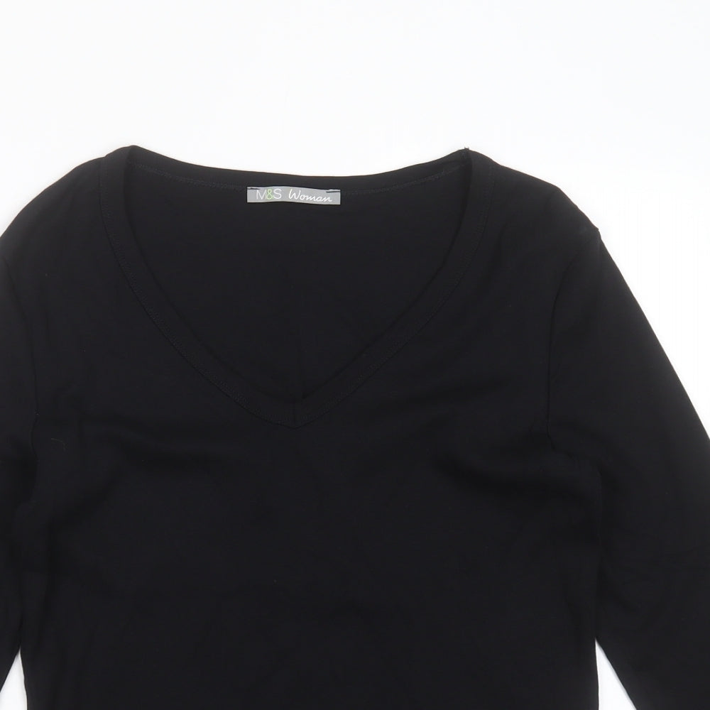 Marks and Spencer Womens Black  Cotton Basic T-Shirt Size 14 V-Neck