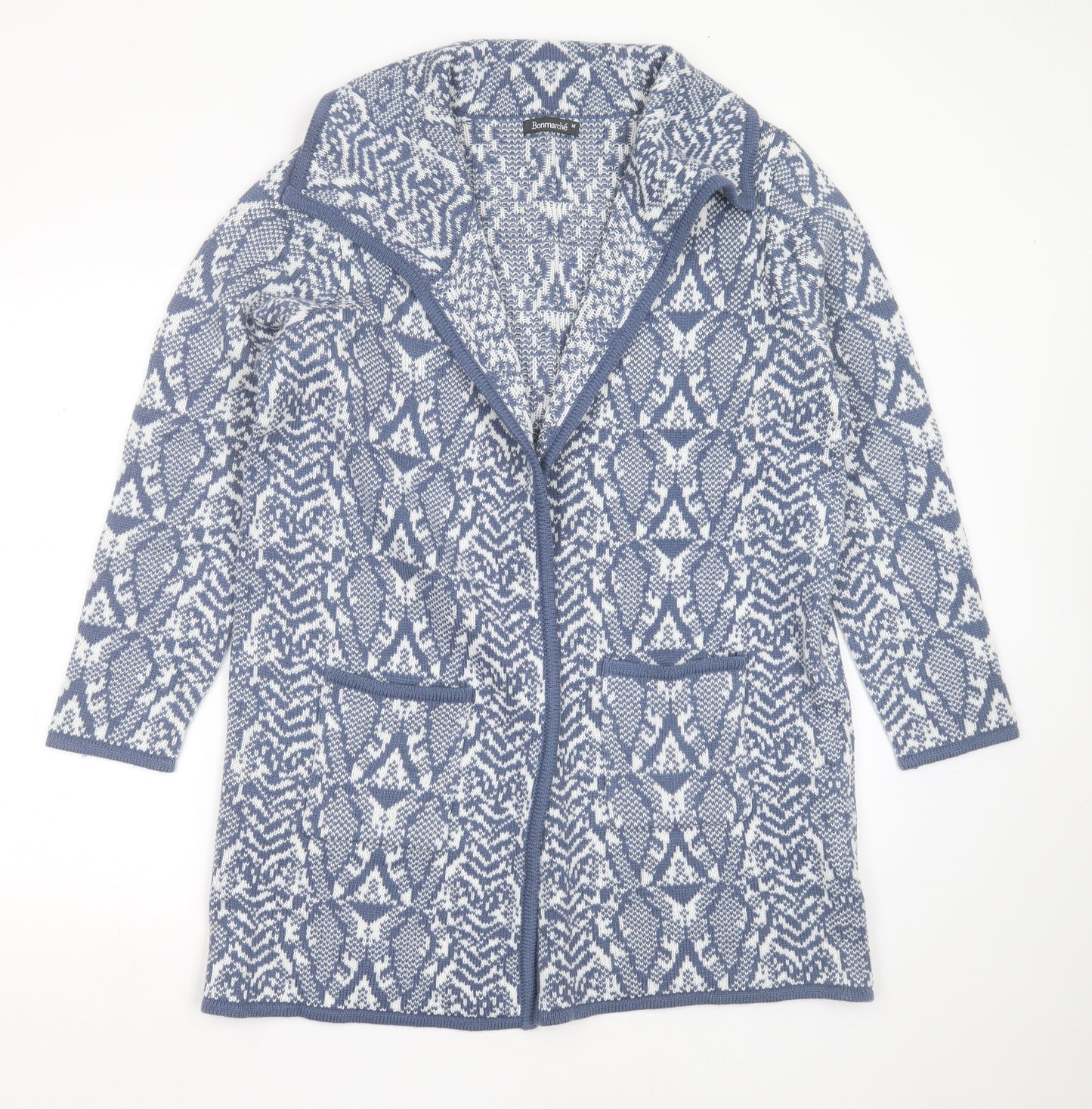 Bonmarché Womens Blue Collared Geometric Acrylic Cardigan Jumper Size M