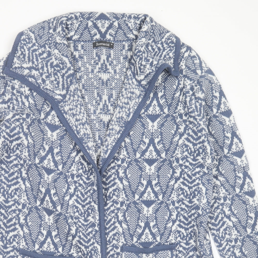 Bonmarché Womens Blue Collared Geometric Acrylic Cardigan Jumper Size M