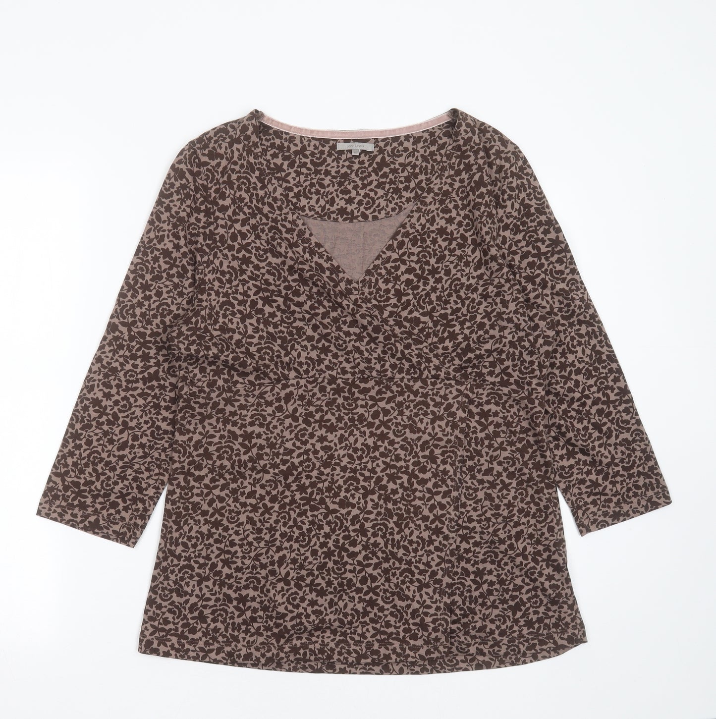 John Lewis Womens Brown Floral Cotton Basic T-Shirt Size 14 V-Neck