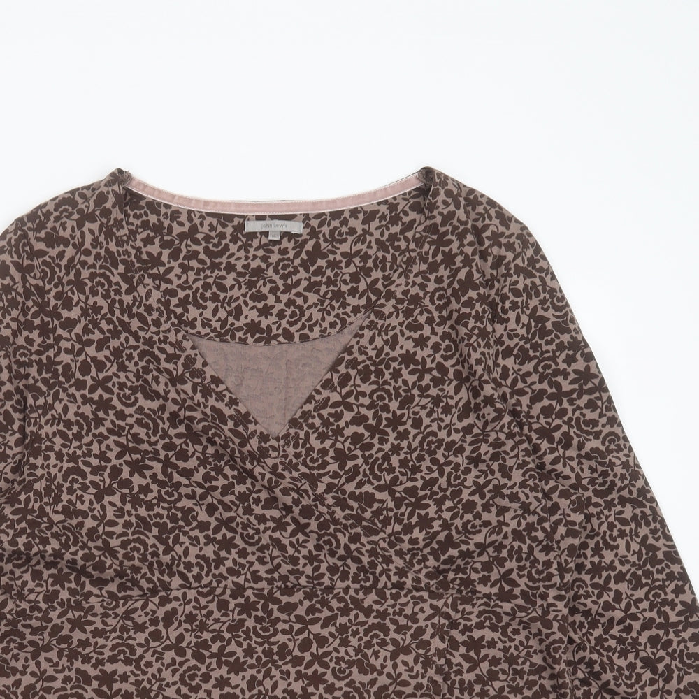 John Lewis Womens Brown Floral Cotton Basic T-Shirt Size 14 V-Neck