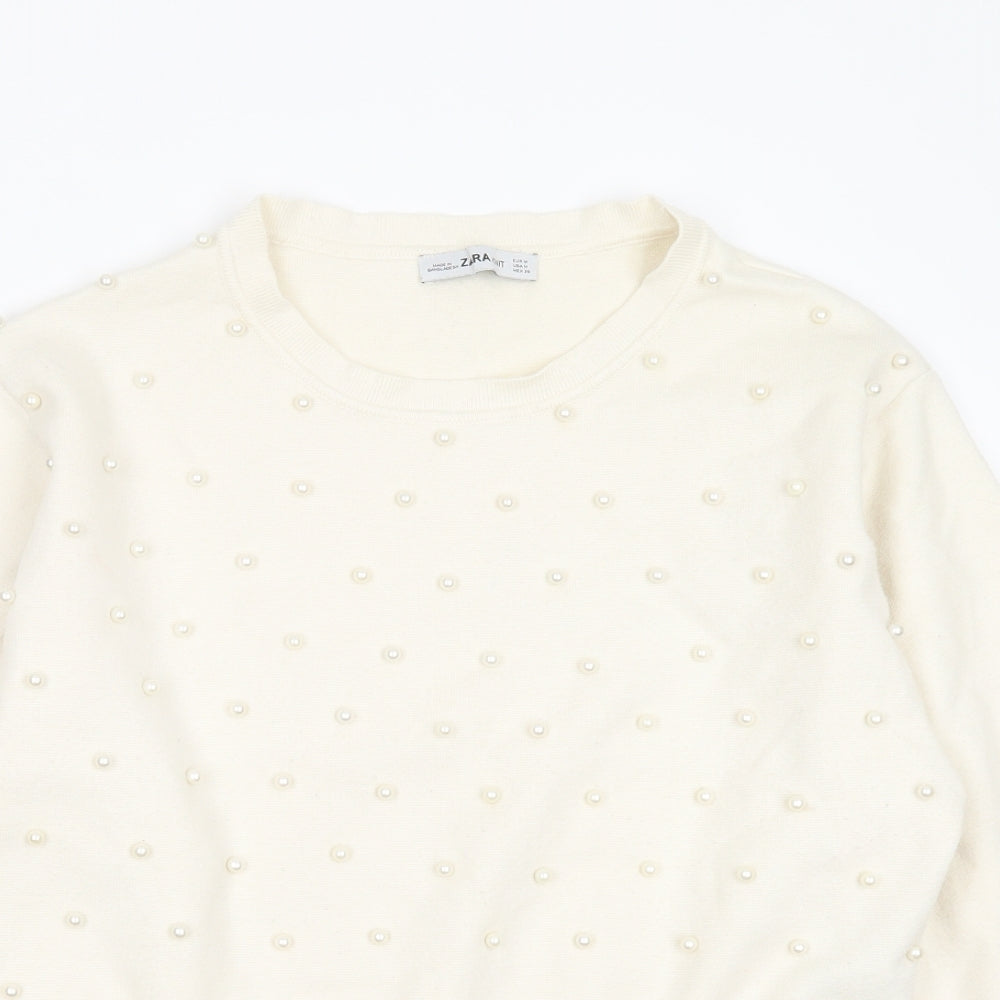 Zara Womens Ivory Round Neck  Viscose Pullover Jumper Size M   - beaded