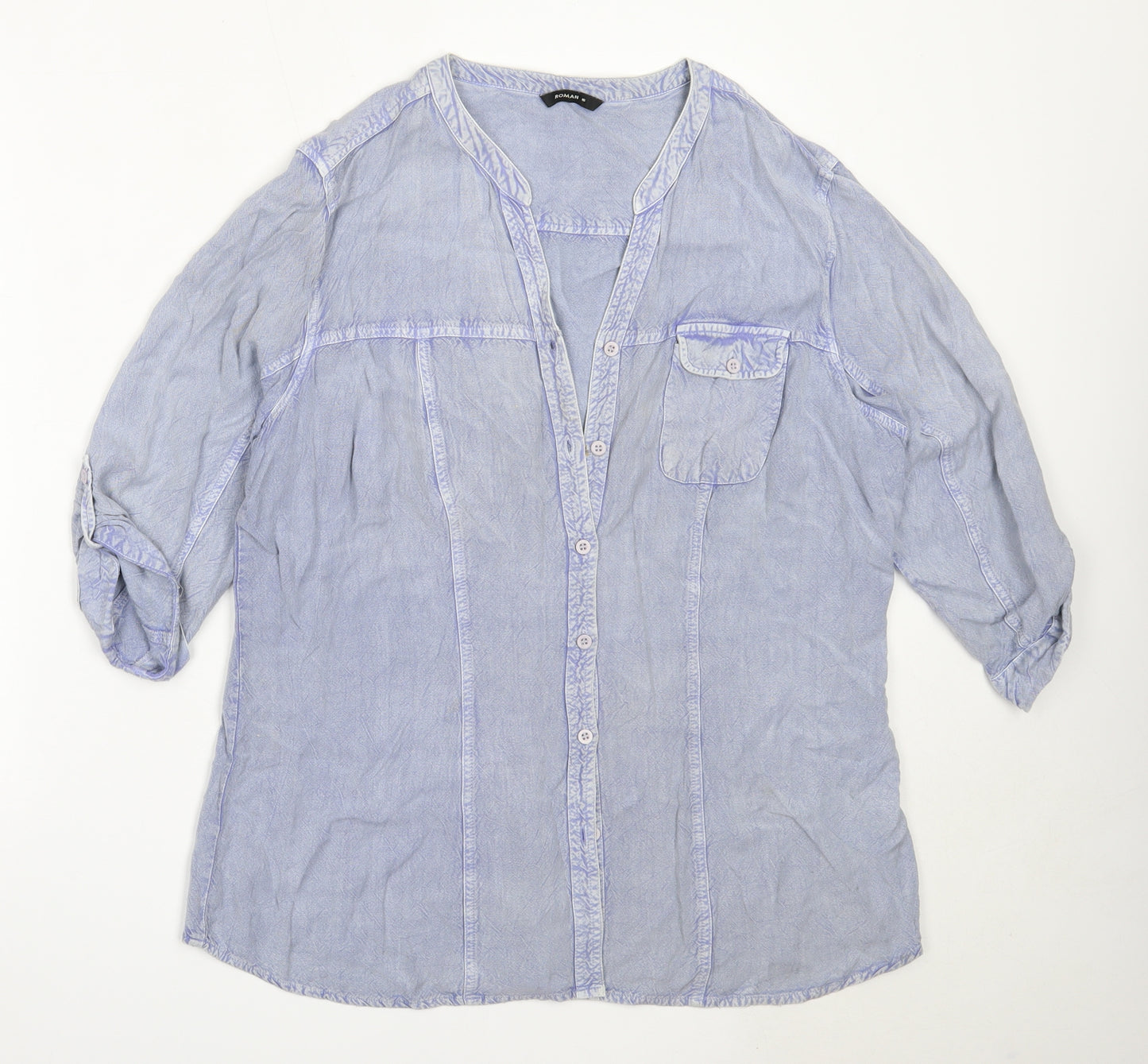 Roman Womens Blue  Viscose Basic Button-Up Size 16 V-Neck