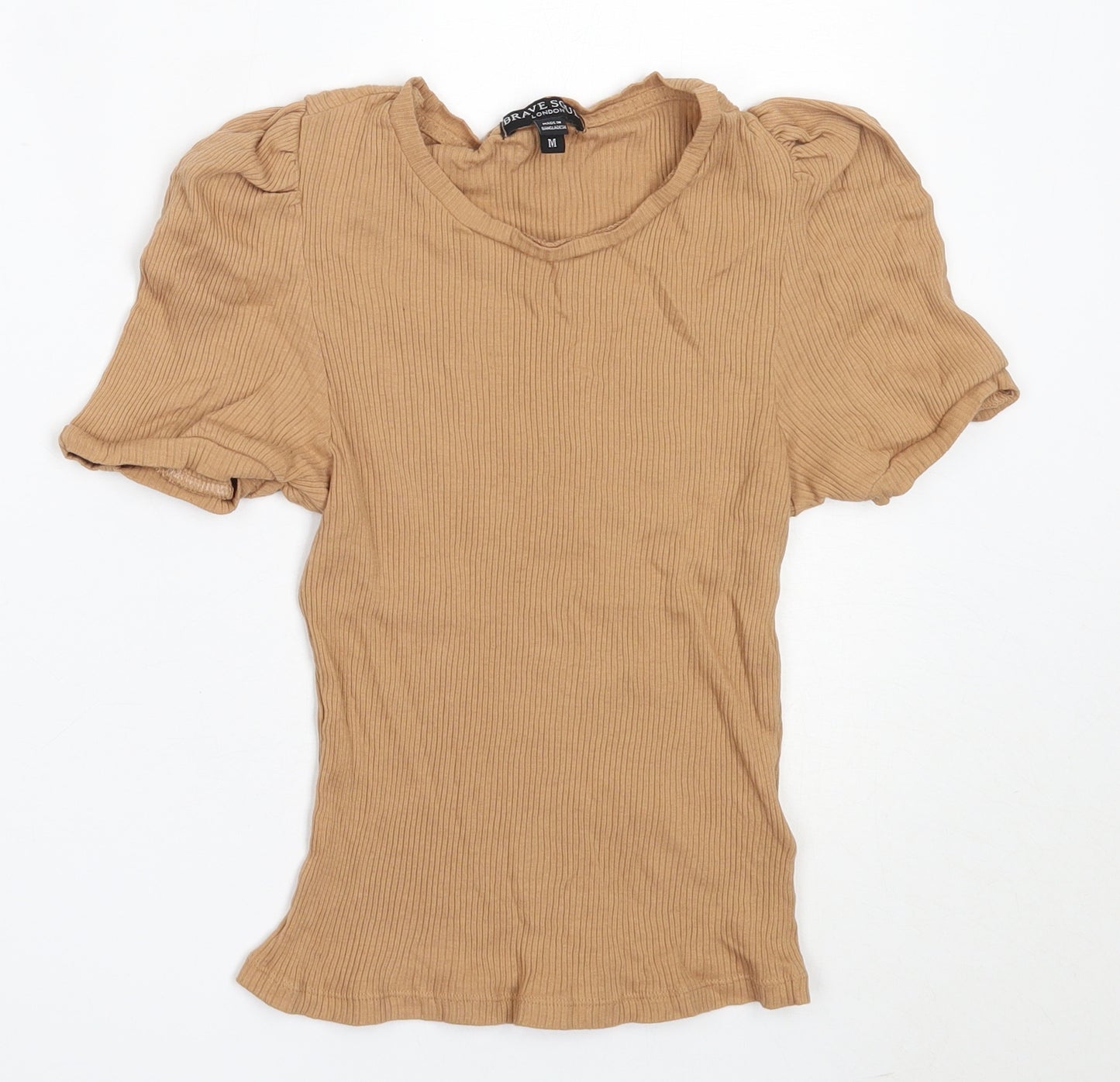 Brave Soul Womens Beige  Cotton Basic T-Shirt Size M Round Neck