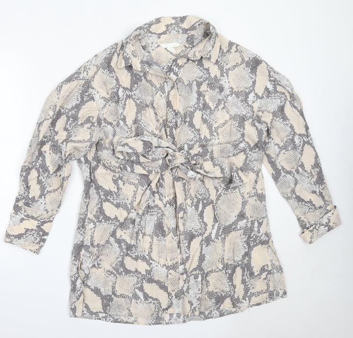 H&M Womens Beige Animal Print Viscose Basic Button-Up Size M Collared