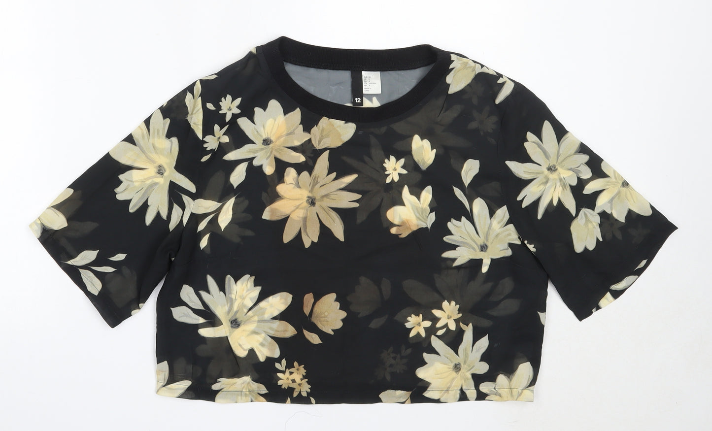 H&M Womens Black Floral Polyester Cropped Blouse Size 12 Round Neck
