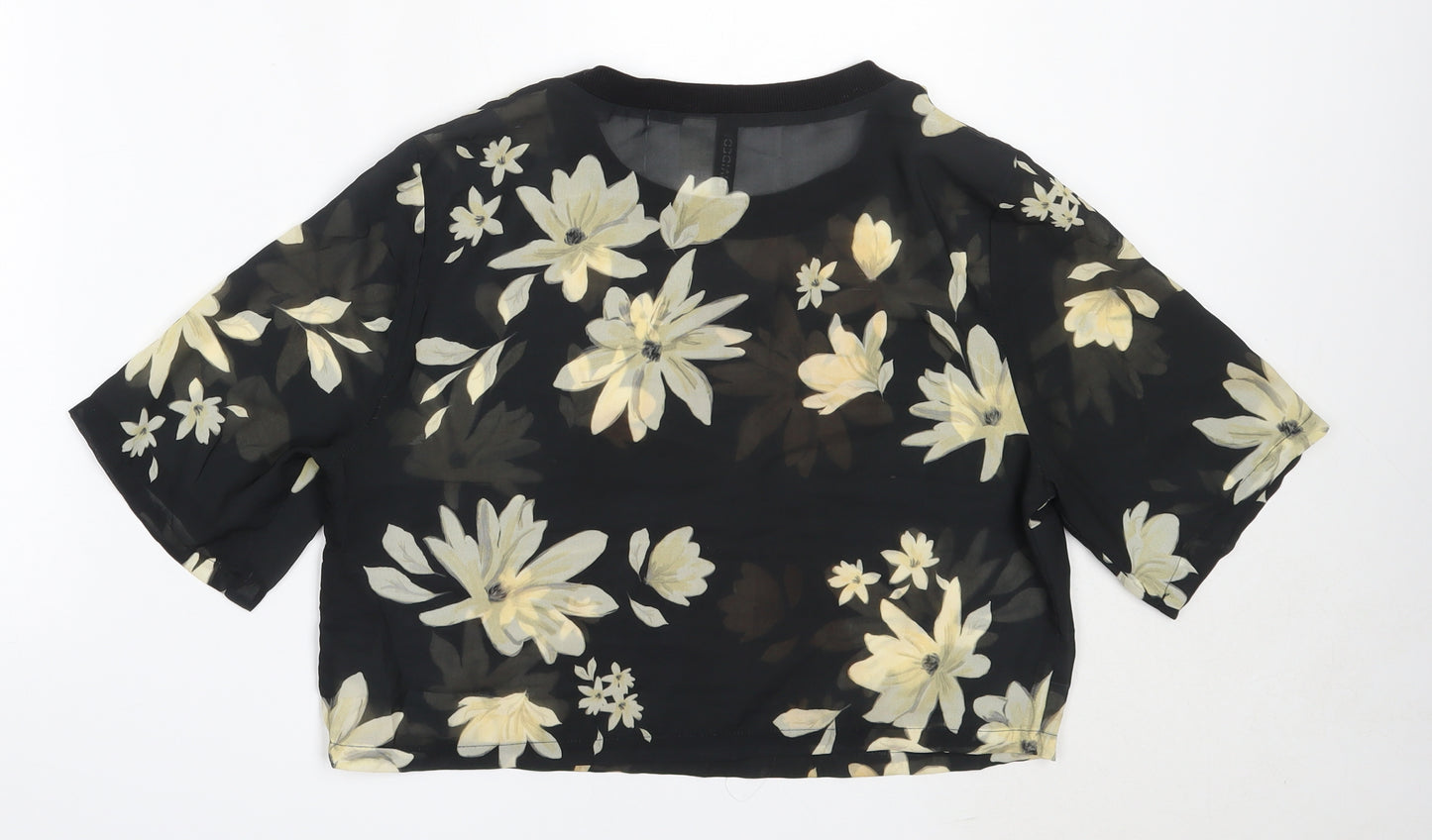 H&M Womens Black Floral Polyester Cropped Blouse Size 12 Round Neck