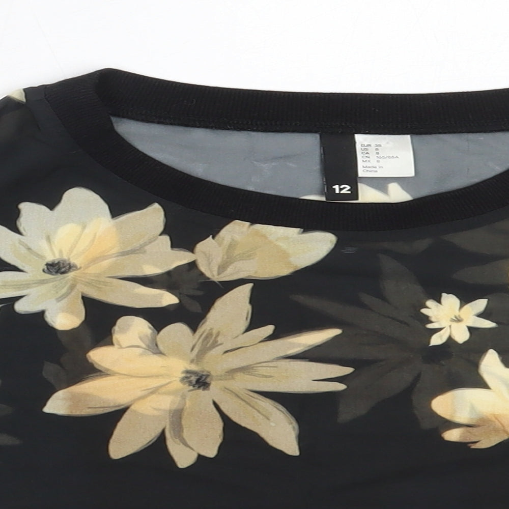 H&M Womens Black Floral Polyester Cropped Blouse Size 12 Round Neck