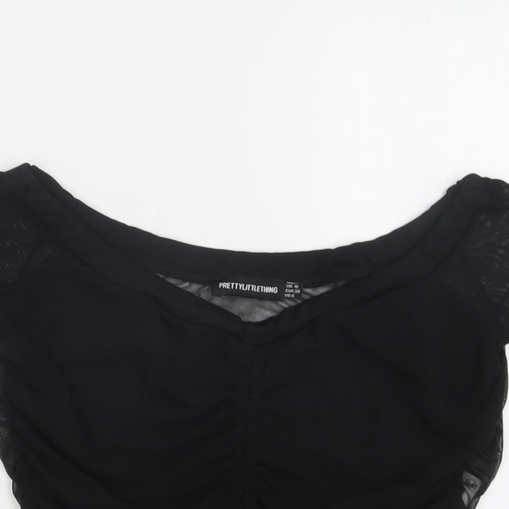 PRETTYLITTLETHING Womens Black  Polyester Cropped Blouse Size 10 Round Neck - Ruched