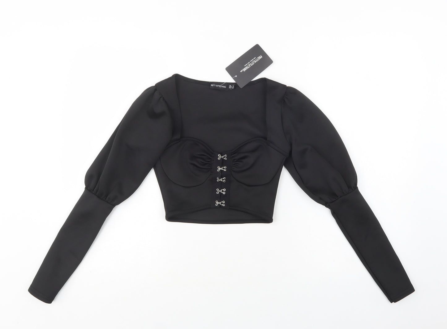 PRETTYLITTLETHING Womens Black  Polyester Cropped Blouse Size 8 Sweetheart