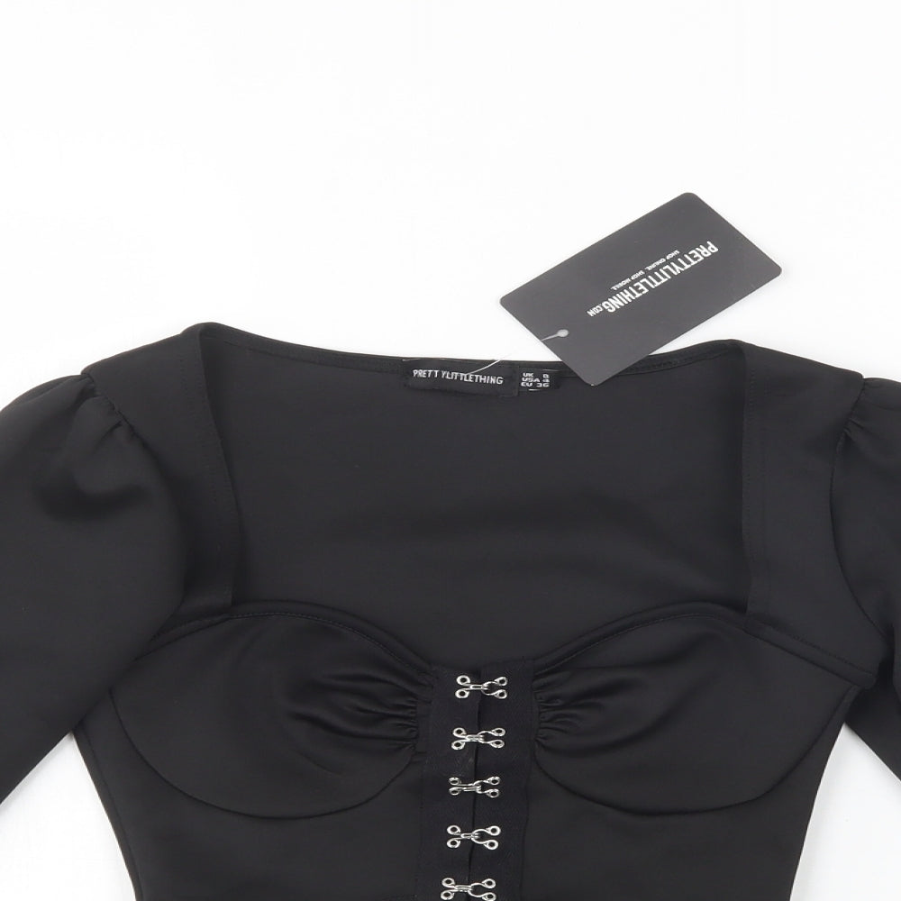 PRETTYLITTLETHING Womens Black  Polyester Cropped Blouse Size 8 Sweetheart