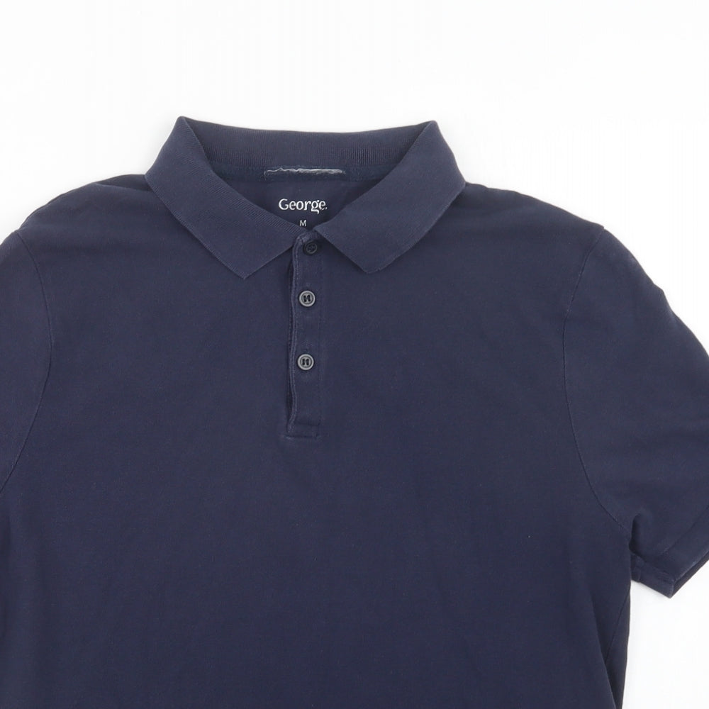 George Mens Blue  Cotton  Polo Size M Collared Button
