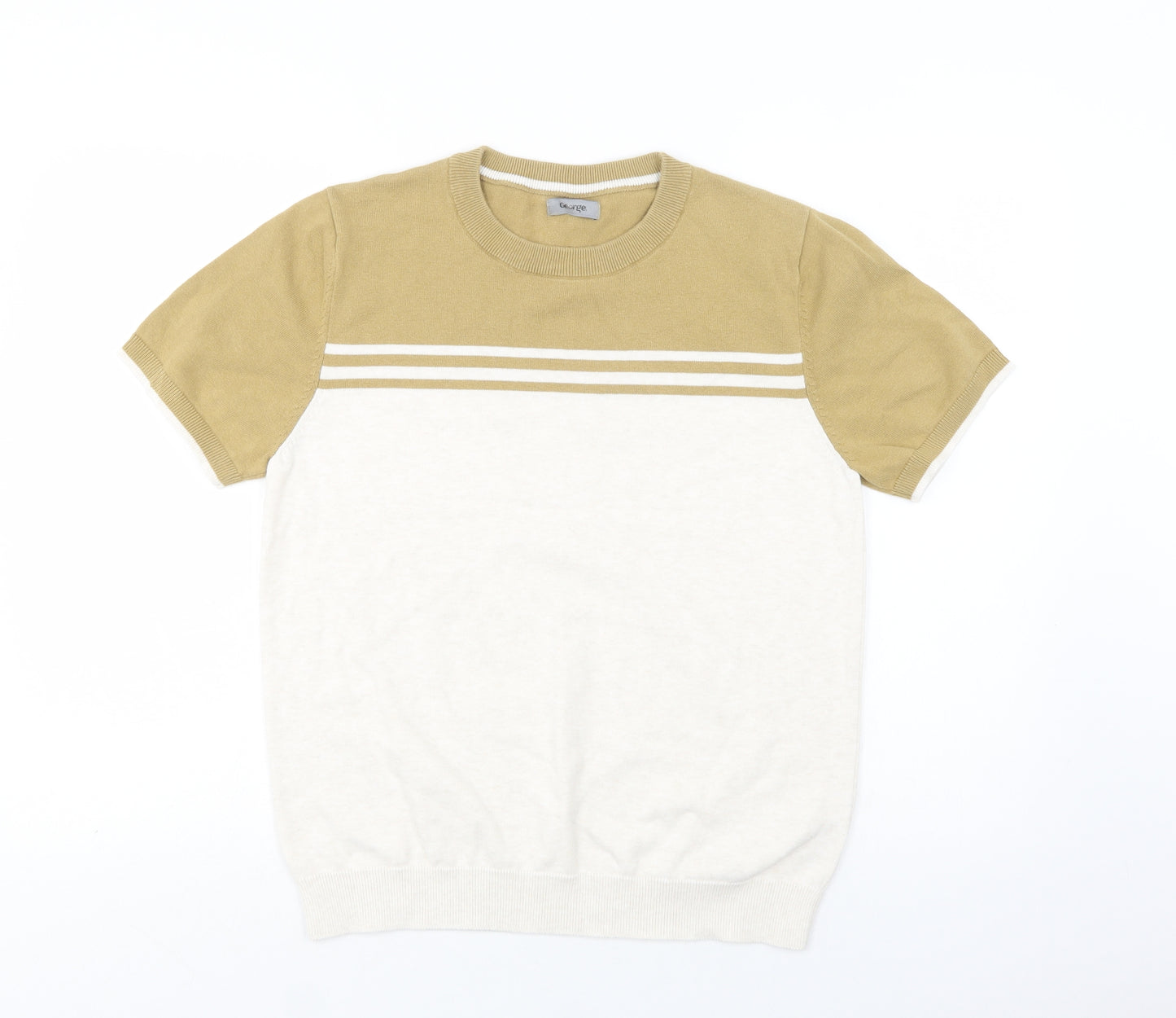 George Mens Beige Crew Neck Striped Cotton Pullover Jumper Size M
