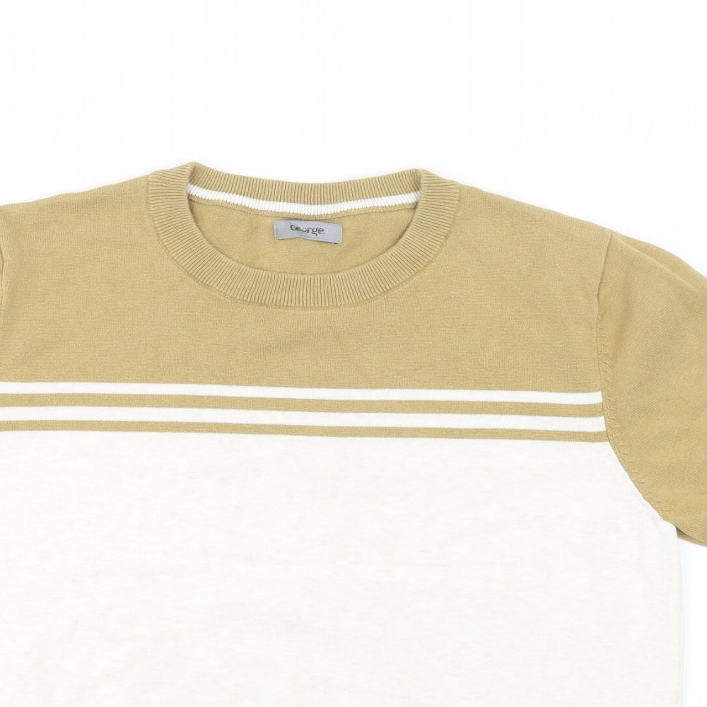 George Mens Beige Crew Neck Striped Cotton Pullover Jumper Size M