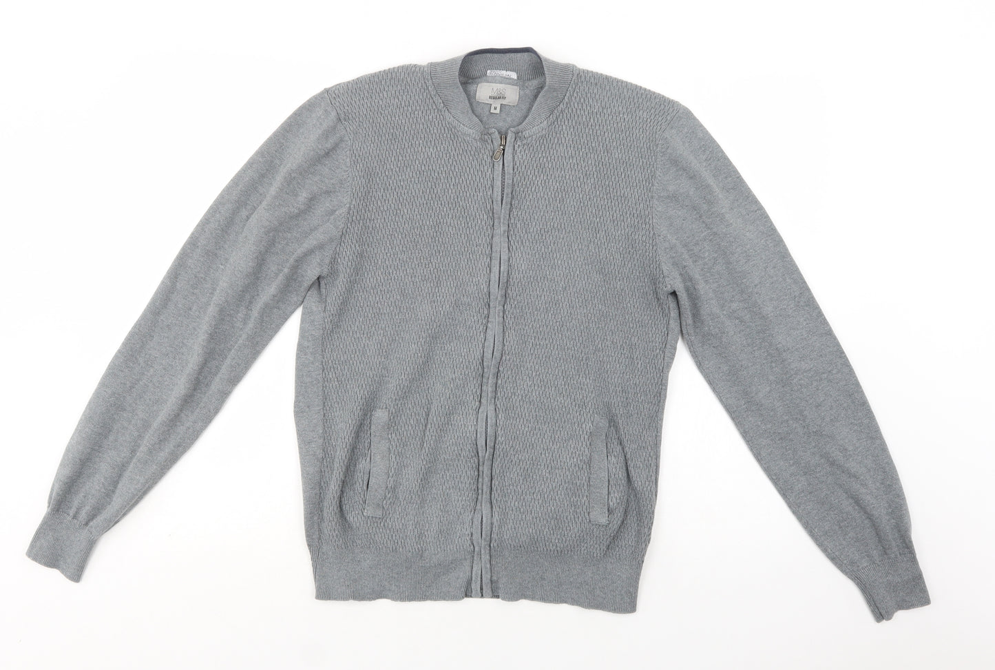 M&S Mens Grey Collared  Cotton Full Zip Jumper Size M
