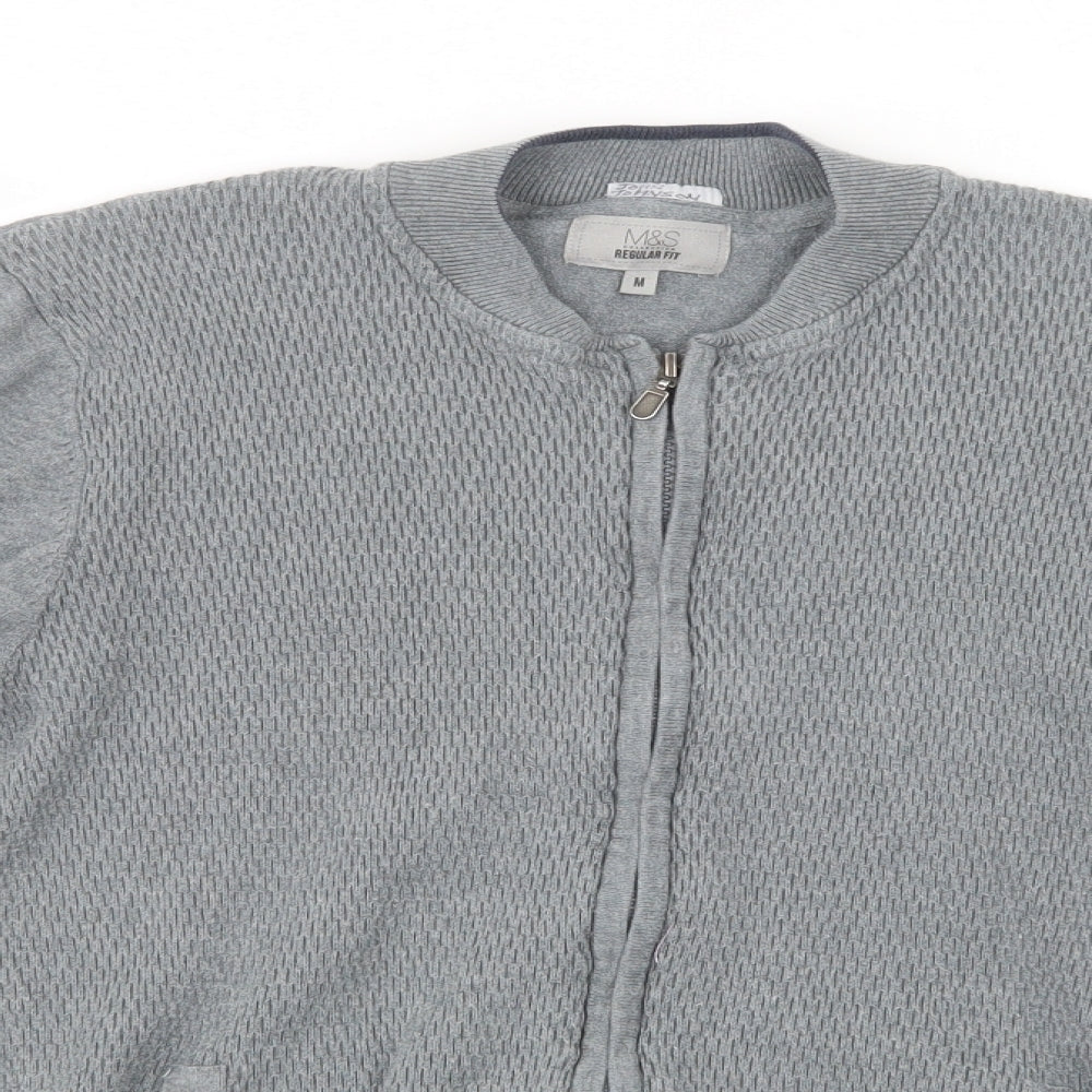 M&S Mens Grey Collared  Cotton Full Zip Jumper Size M