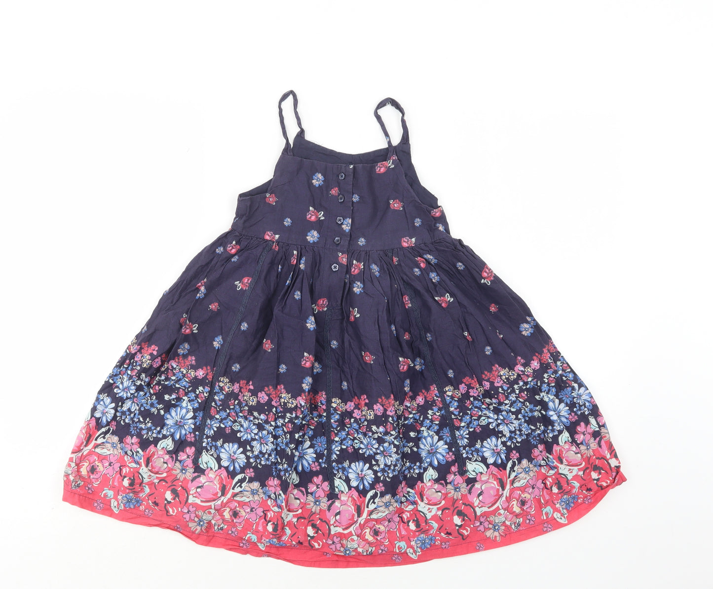 M&S Girls Blue Floral Cotton Fit & Flare  Size 7 Years  Square Neck Button