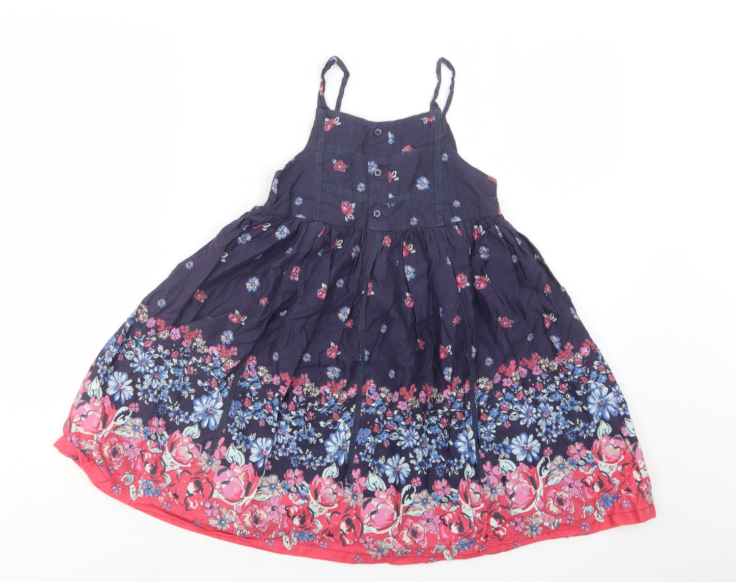 M&S Girls Blue Floral Cotton Fit & Flare  Size 7 Years  Square Neck Button