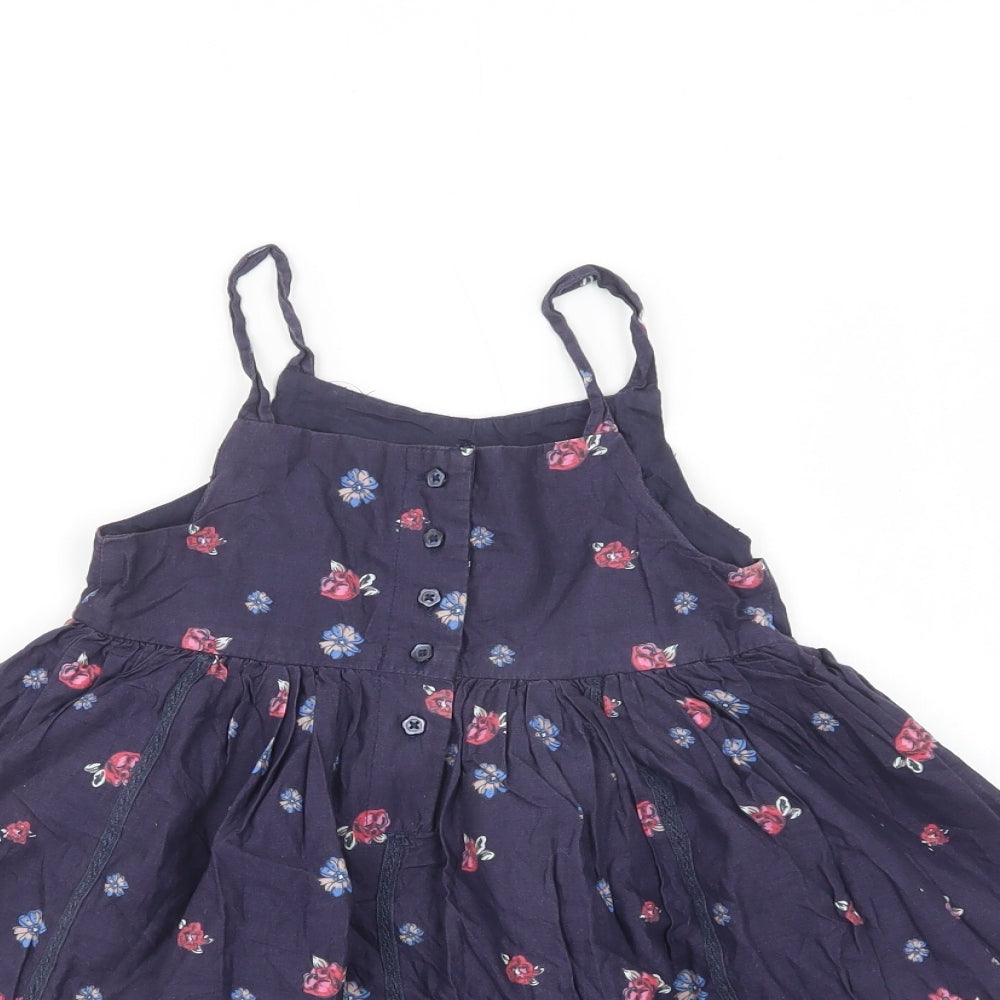 M&S Girls Blue Floral Cotton Fit & Flare  Size 7 Years  Square Neck Button