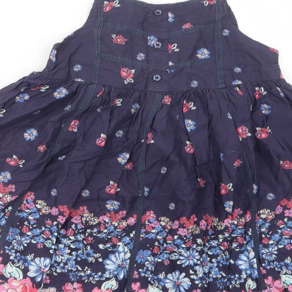 M&S Girls Blue Floral Cotton Fit & Flare  Size 7 Years  Square Neck Button