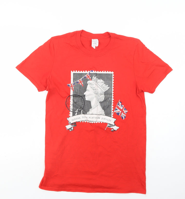 Gildan Womens Red Cotton Basic T-Shirt Size S Crew Neck - Queen Elizabeth II