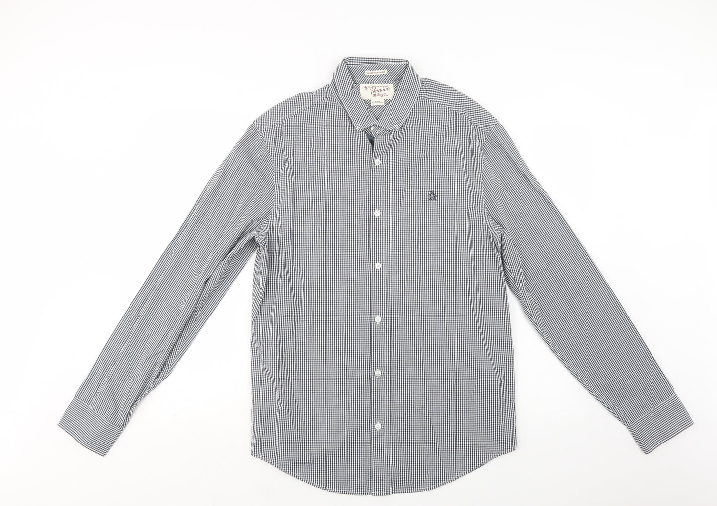 Penguin Mens Blue Check Cotton  Button-Up Size M Collared Button