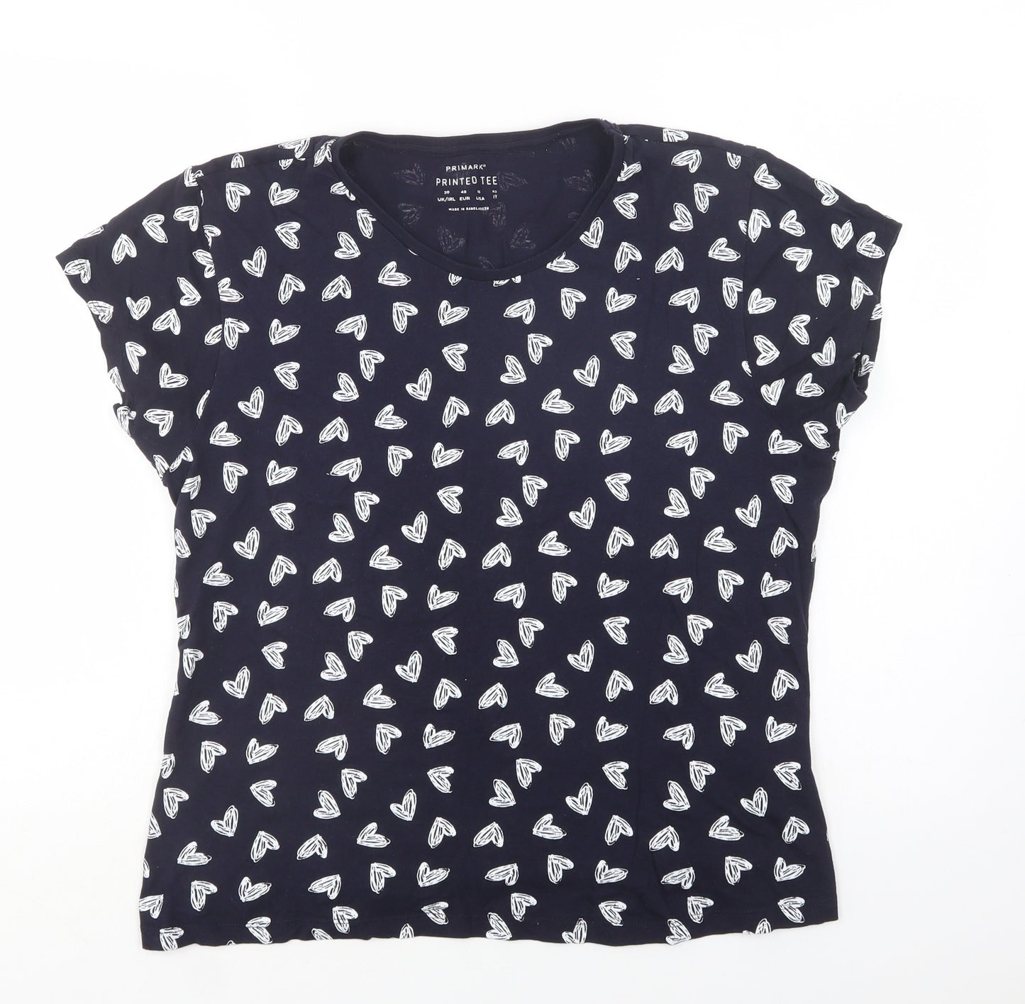 Primark Womens Blue  Cotton Basic T-Shirt Size 20 Crew Neck - Heart Print