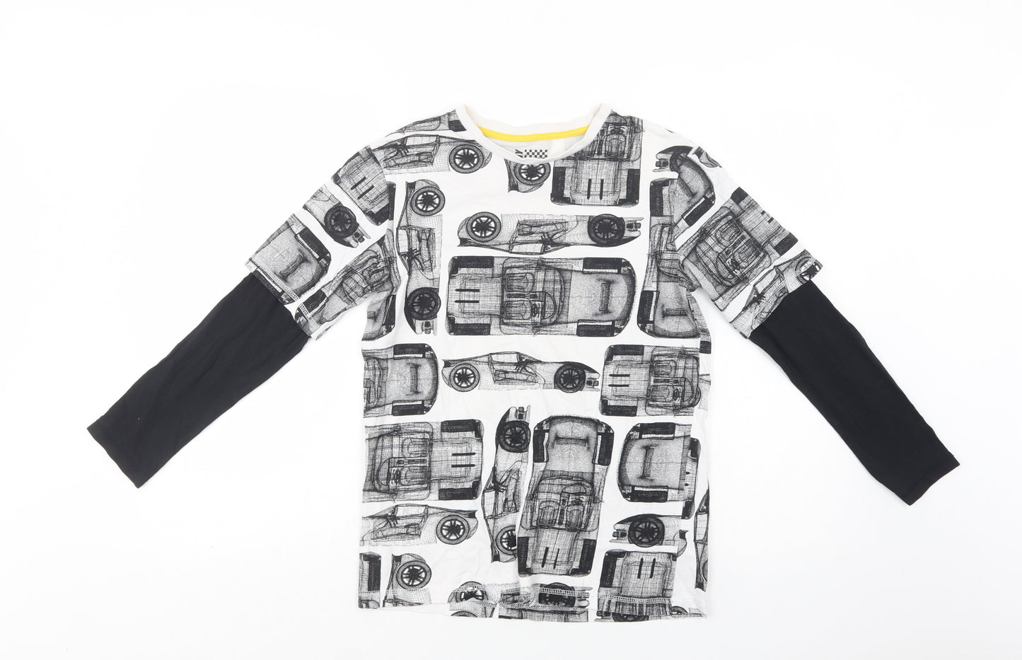 F&F Boys Grey Geometric Cotton Basic T-Shirt Size 10-11 Years Crew Neck  - Car Print