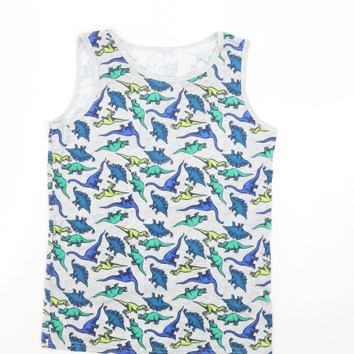 Pep & Co Girls Grey Geometric Cotton Basic Tank Size 12-13 Years Crew Neck  - Dinosaur Print