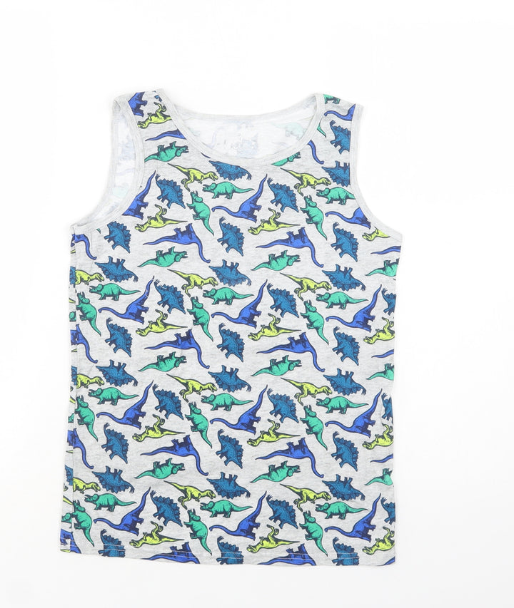 Pep & Co Girls Grey Geometric Cotton Basic Tank Size 12-13 Years Crew Neck  - Dinosaur Print