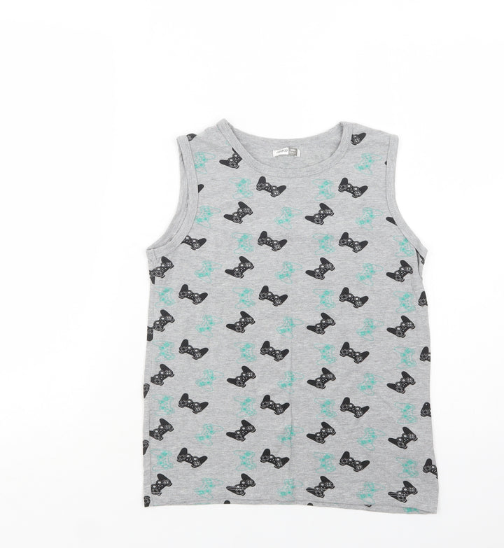 Pep & Co Boys Grey Geometric Cotton Basic Tank Size 12 Years Crew Neck  - Game Console