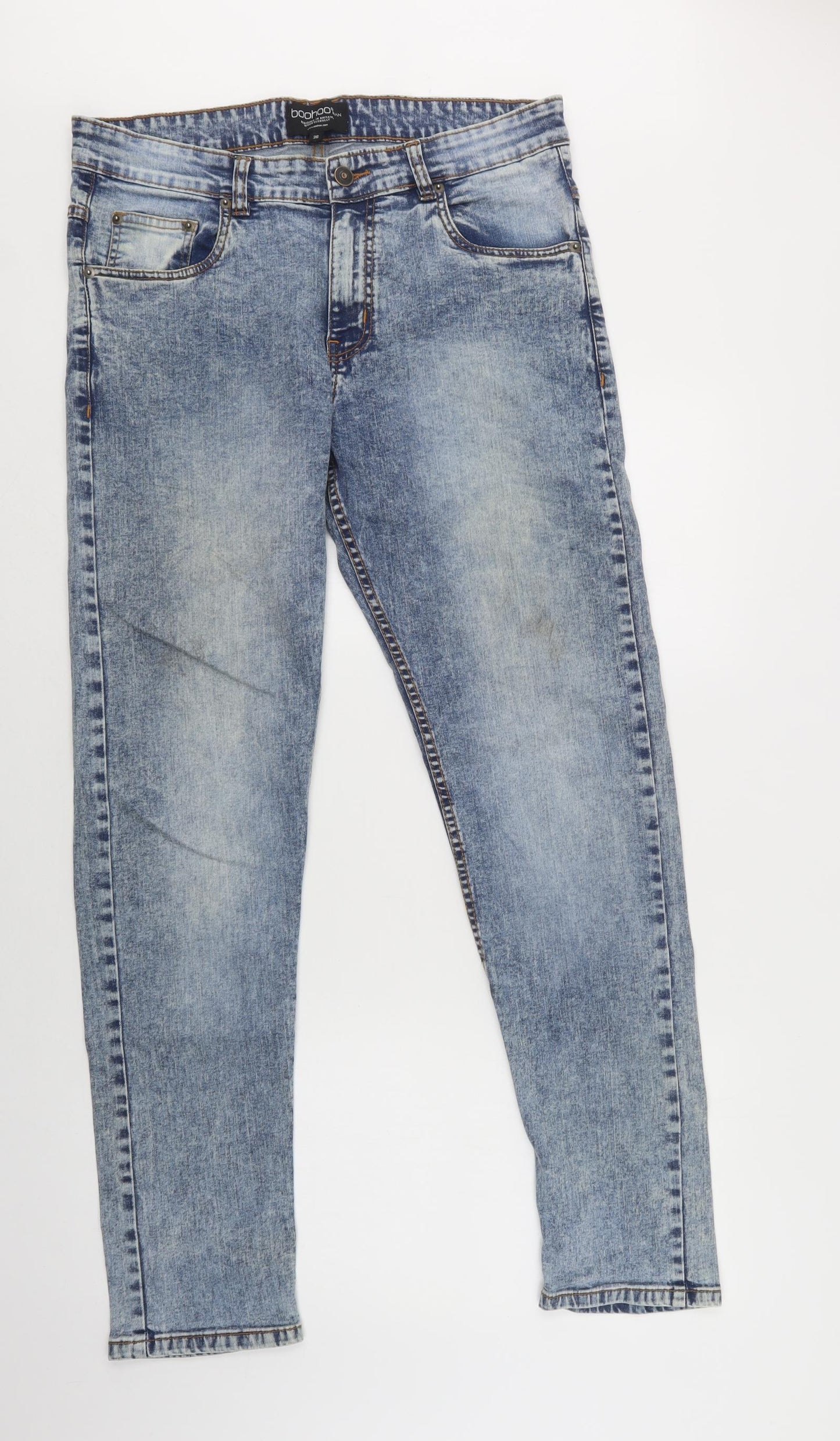 Boohoo Man Mens Blue  Cotton Skinny Jeans Size 36 L34 in Regular Button